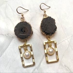 Black Solar Quartz and Pearl Gold Dangle Earrings